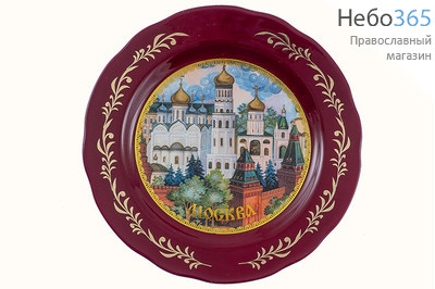  Тарелка керамическая 7-893, Москва, с литографией. Соборы Кремля, крупный план. Красный обод, фото 1 