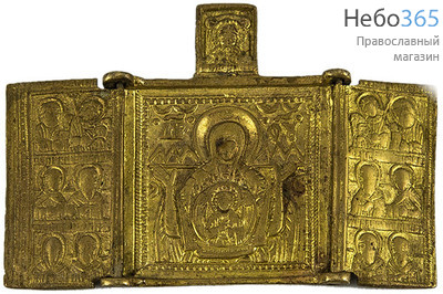  Складень литой (Ат) 9,5х6,5, Божией Матери Знамение с избранными святыми, латунь, золочение, 18 век, фото 1 