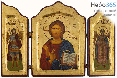  Складень деревянный с иконами Спасителя и Архангелов Михаила и Гавриила, 26х17,5х2 см, тройной. Деревянная основа, ручное золочение, фигурный верх, с ковчегом (B82) (Нпл), фото 1 