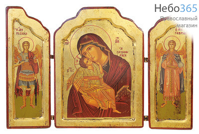  Складень деревянный (Нпл) B 84, 25х36,5, тройной, ручное золочение, с ковчегом с иконой Божией Матери Сладкое лобзание, фото 1 