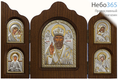  Складень деревянный 32х21, трехстворчатый, 5 икон в ризе: святитель Николай, иконы Божией Матери, полиграфия, серебрение, золочение, (Ж) (GFT10570/3), фото 1 