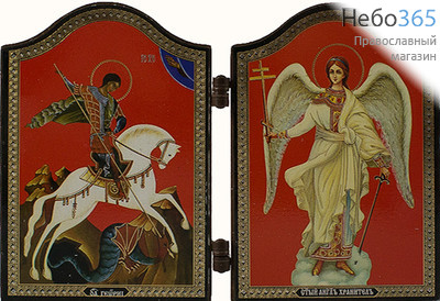  Складень деревянный 12х8, двойной, фигурный Георгий Победоносец, великомученик - Ангел Хранитель, фото 1 