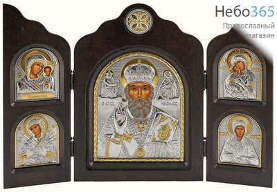  Складень деревянный 32х24, иконы в ризе: святитель Николай, тройной, шелкография, серебрение, золочение (Ж) (BKF4-XAG), фото 1 