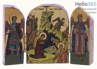  Складень с иконами: Рождество Христово, Архангелы Михаил и Гавриил, 7х4,5х1 см. Трехстворчатый, деревянный, с наружной резьбой (Нпл) (A2), фото 1 