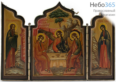  Святая троица с Авраамом и Сарой. Складень металлический 26х18, цветной фон, золотые нимбы, с ковчегом, фото 1 