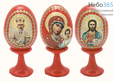  Яйцо пасхальное деревянное на подставке, с иконой, красное, миниатюрное,с цветной литографией и золотой аппликацией,выс. 5 см(без учета подст.), фото 1 