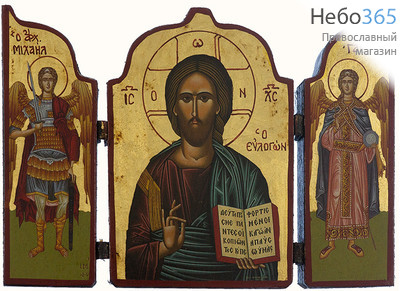  Складень деревянный с иконой Спасителя и иконами Архангелов Михаила и Гавриила, тройной, 21х14х2 см. Деревянная основа, ручное золочение, фигурный верх (B81) (Нпл), фото 1 