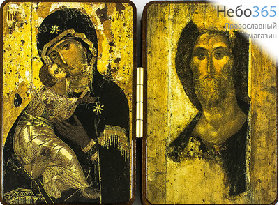  Складень деревянный 12х9, двойной малый Божией Матери Владимирская - Господь Вседержитель, фото 1 