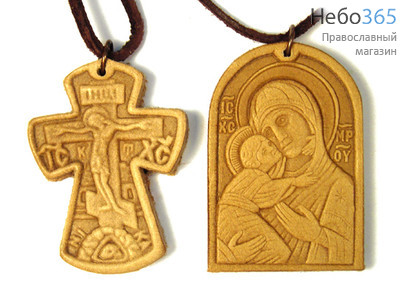  Медальон кожаный с крестом, с иконами, в ассортименте, на гайтане, изготовлен горячим тиснением ., фото 1 