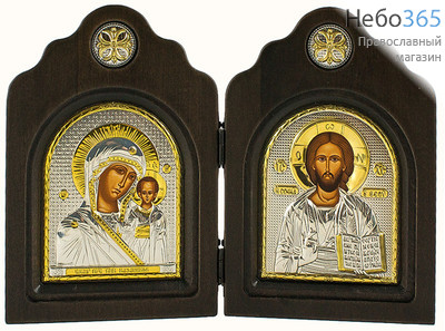  Складень-диптих деревянный 24х17,5 см, с иконой Спасителя и Казанской иконой Божией Матери, шелкография, посеребренные и позолоченные ризы (BК3-DG) (Ж), фото 1 