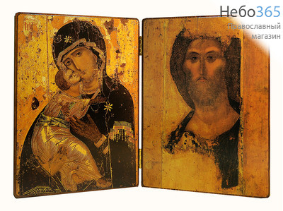  Складень деревянный, двойной большой 27х19,5, Господь Вседержитель, Владимирская икона Божией Матери, фото 1 
