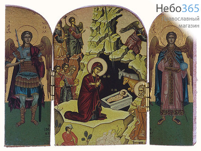  Складень с иконами: Рождество Христово, Архангелы Михаил и Гавриил, 9х7х1 см. Трехстворчатый, деревянный, с наружной резьбой (Нпл) (A8), фото 1 