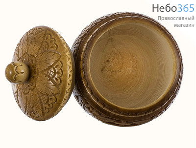  Шкатулка деревянная для просфор Горшочек, из липы, резной, высотой 10,5 - 11 см, абрамцево-кудринская резьба, фото 2 