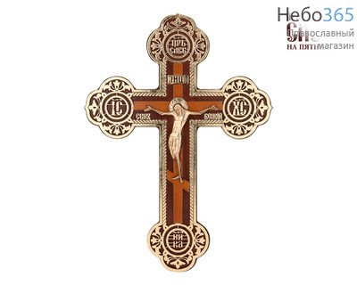  Крест деревянный 17108, с бронзовым распятием, Келейный, с полной поталью, резной, фото 1 