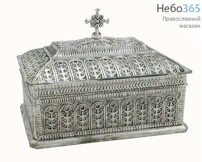  Шкатулка металлическая для хранения святынь, прямоугольная, белая, с чеканным узором, с крестом, 21,5 х 14 х 12 см, 1009, фото 1 