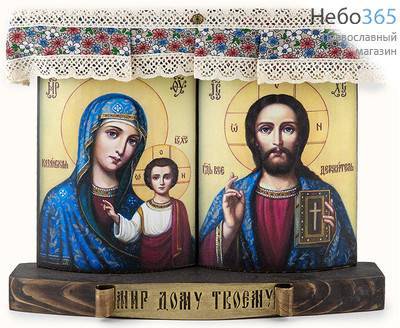  Спаситель, Казанская икона Божией Матери. Композиция-иконостас 30х25х5,5 см, на дереве, печать на холсте, на полочке, с пологом (№114(2)) (Пин), фото 1 