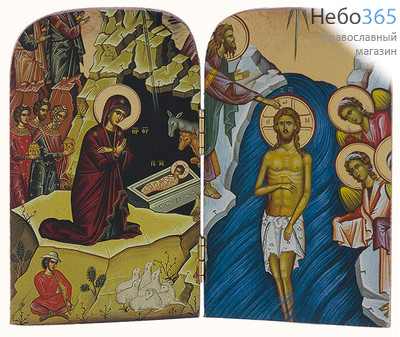  Складень с иконами: Рождество Христово, Крещение Господне, 13х10,5х1 см. Двухстворчатый, деревянный, с наружной резьбой (Нпл) (A24), фото 1 