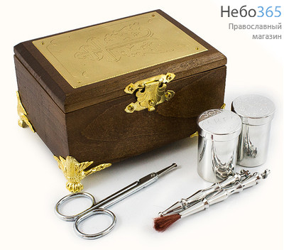  Ящик крестильный из дуба, с металл. накладкой: 2 металл. флакона, 2 стрючца, губка, складные ножницы, 230, фото 1 