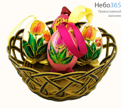  Яйцо пасхальное деревянное "Цветочное", подвесное, с бантом, высотой 7 см (в уп.- 5 шт.), 21051, фото 1 