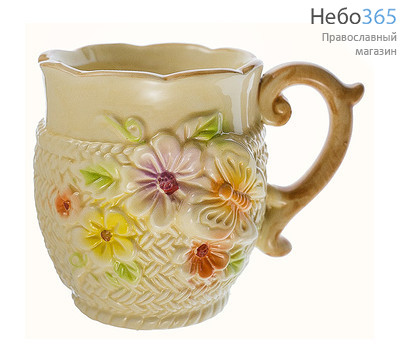  Чашка керамическая бокал, с имитацией вязаной оплетки, высотой 9,5 см, объемом 320 мл, 36397 Цвет : бежево - коричневый, фото 1 