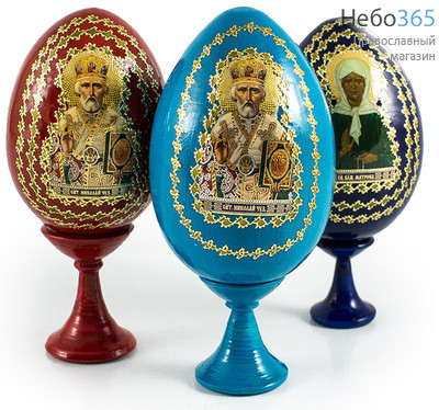  Яйцо пасхальное деревянное на подставке, цветное, с иконой, высотой б/п:8 см., н/п: 11.5 см с иконами Святых, в ассортименте, фото 1 