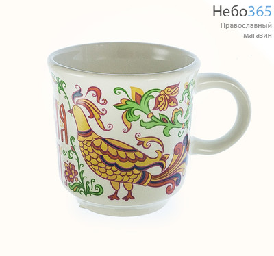  Чашка керамическая для святой воды, малая, с белой глазурью и деколью Райские птицы, 2748, фото 1 