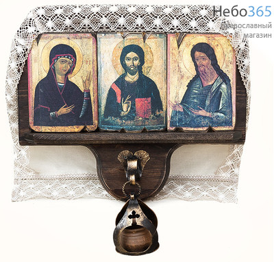  Композиция на дереве 45х40х5 см, Иконостас из 3 икон, на полке с полотенцем, печать на холсте, кованая подвесная лампада (№97) (Пин), фото 1 