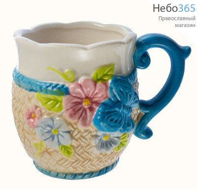  Чашка керамическая бокал, с имитацией вязаной оплетки, высотой 9,5 см, объемом 320 мл, 36397 Цвет: бежево- голубая, фото 1 