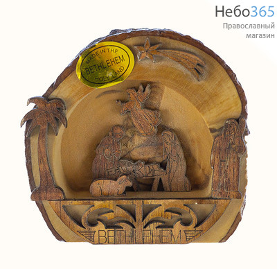  Вертеп деревянный из оливы , круглый, из среза дерева, с корой, высотой 6,5 - 11 см, изготовлен в Вифлееме, фото 1 