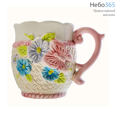  Чашка керамическая бокал, с имитацией вязаной оплетки, высотой 9,5 см, объемом 320 мл, 36397 Цвет : бело - розовый, фото 1 