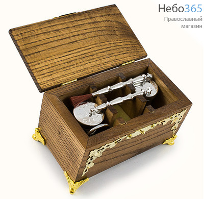  Ящик крестильный деревянный, с металл. накладками: 2 металл. флакона, 2 стрючца, губка, складные ножницы, 315-10, фото 5 