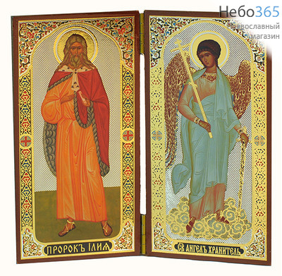  Складень деревянный 12,5х12,4, двойной, ростовой, полиграфия с золотым и серебряным тиснением, в коробке Илия, пророк - Ангел Хранитель, фото 1 