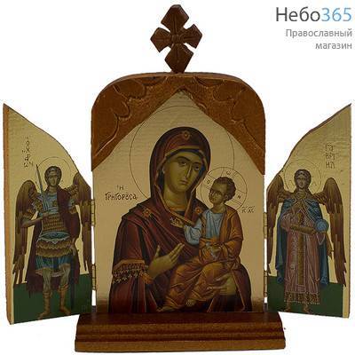  Складень деревянный A11G, 20х19, тройной, с навершием, подставкой, крестом икона Божией Матери Одигитрия с предстоящими Архангелами, фото 1 
