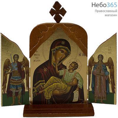  Складень деревянный A11G, 20х19, тройной, с навершием, подставкой, крестом Божией Матери Отрада и Утешение с предстоящими Архангелами, фото 1 