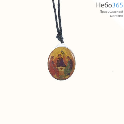  Медальон нательный овальный, цветной, двусторонний, на пластике, под заливкой из смолы, 2 х 1,7 см, с гайтаном Дусторонний: Пресвятая Троица и  Распятие, фото 1 