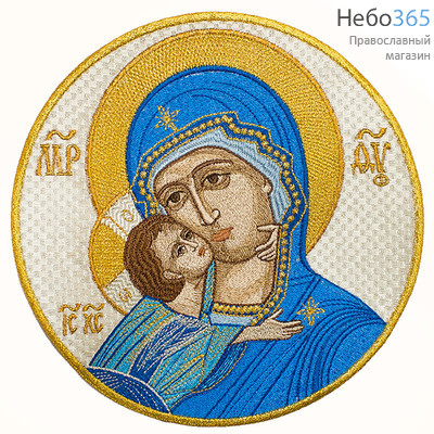  Икона вышитая "Богородица Владимирская" на оплечье, вышивка голубая. D19 см, фото 1 