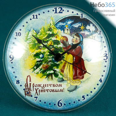  Часы - рождественский сувенир настенные на пластике, на магните "Девочка у ёлки", "Ангелы у елки", в ассортименте, диаметром 10 см, фото 1 