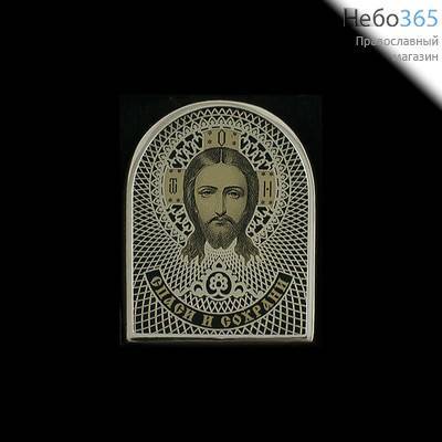 Икона автомобильная 4х5, на обсидиане, посеребрение, в посеребренной рамке, на липучке, арочная, в коробке. Нерукотворный Образ Спасителя, фото 1 