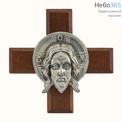  Крест деревянный малый, с литым образом Спаса Нерукотворного, на липучке, Р21, фото 1 