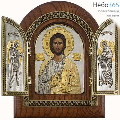  Складень деревянный 18х22, Господь Вседержитель, тройной, полиграфия, литье, серебрение, золочение, камни, фото 1 