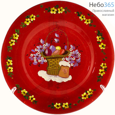  Тарелка стеклянная пасхальная, красная, с цветной деколью в центре и золотым орнаментом по полю,диаметром 260 мм,в ассорт,2636, 2634, 22634,, фото 2 