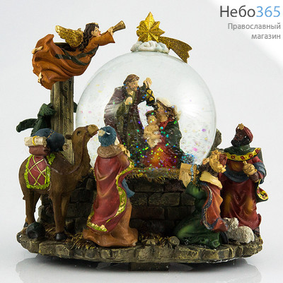  Вертеп рождественский из полистоуна, в шаре с гелем и блестками, музыкальный, с подсветкой, высотой 17 см, NX 25454, фото 1 