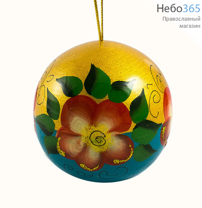  Сувенир рождественский деревянный, ёлочный шар, средний, "Цветы", с цветной росписью, диаметром 7 см, 20060, фото 1 