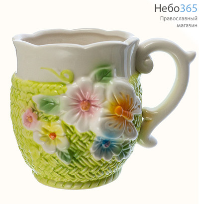  Чашка керамическая бокал, с имитацией вязаной оплетки, высотой 9,5 см, объемом 320 мл, 36397 Цвет: бело- салатовый, фото 1 