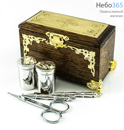  Ящик крестильный деревянный, с боковыми накладками: 2 флакона, 2 стрючца, губка, складные ножницы, 6,5 х 11,5 х 8,5 см, фото 1 
