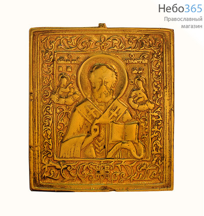  Икона металлическая 9,5х11, святитель Николай Чудотворец, латунь, литье, 19 век, фото 1 