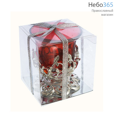  Лампада настольная металлическая Жемчужная чаша с цветным стаканом, высотой 7,5 см, в подарочной упаковке, LS-7293-21 цвет: красный, фото 1 