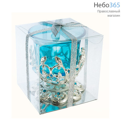  Лампада настольная металлическая Жемчужная чаша с цветным стаканом, высотой 7,5 см, в подарочной упаковке, LS-7293-21 цвет: голубой, фото 1 