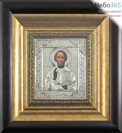  Николай Чудотворец, святитель. Икона в ризе 24х26х4 см, полиграфия, серебрение, в деревянной раме под стеклом (Лч), фото 1 
