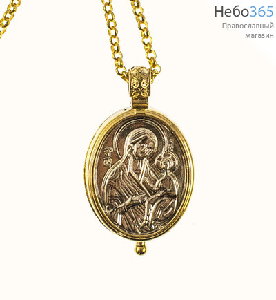  Мощевик - медальон металлический , овальный с иконой Божией Матери, на цепочке, с магнитным замком, 4 х 2.5 см, в бархатной коробочке, фото 1 